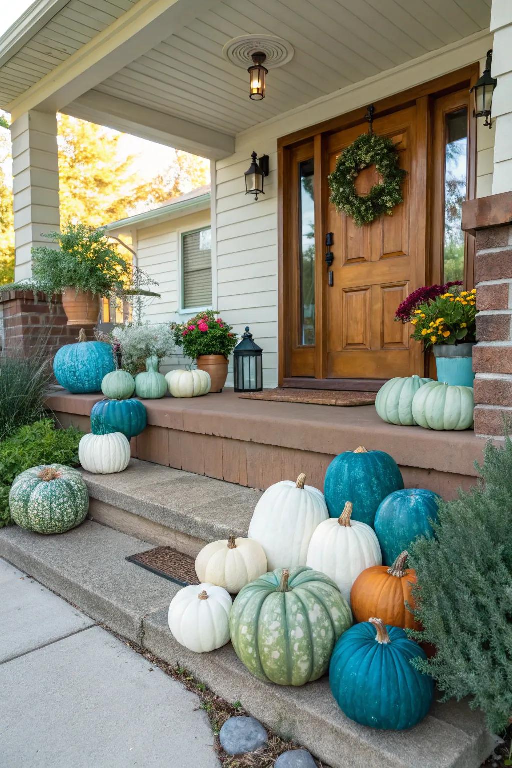 Unexpected colors infuse a contemporary twist to traditional pumpkin decoration.