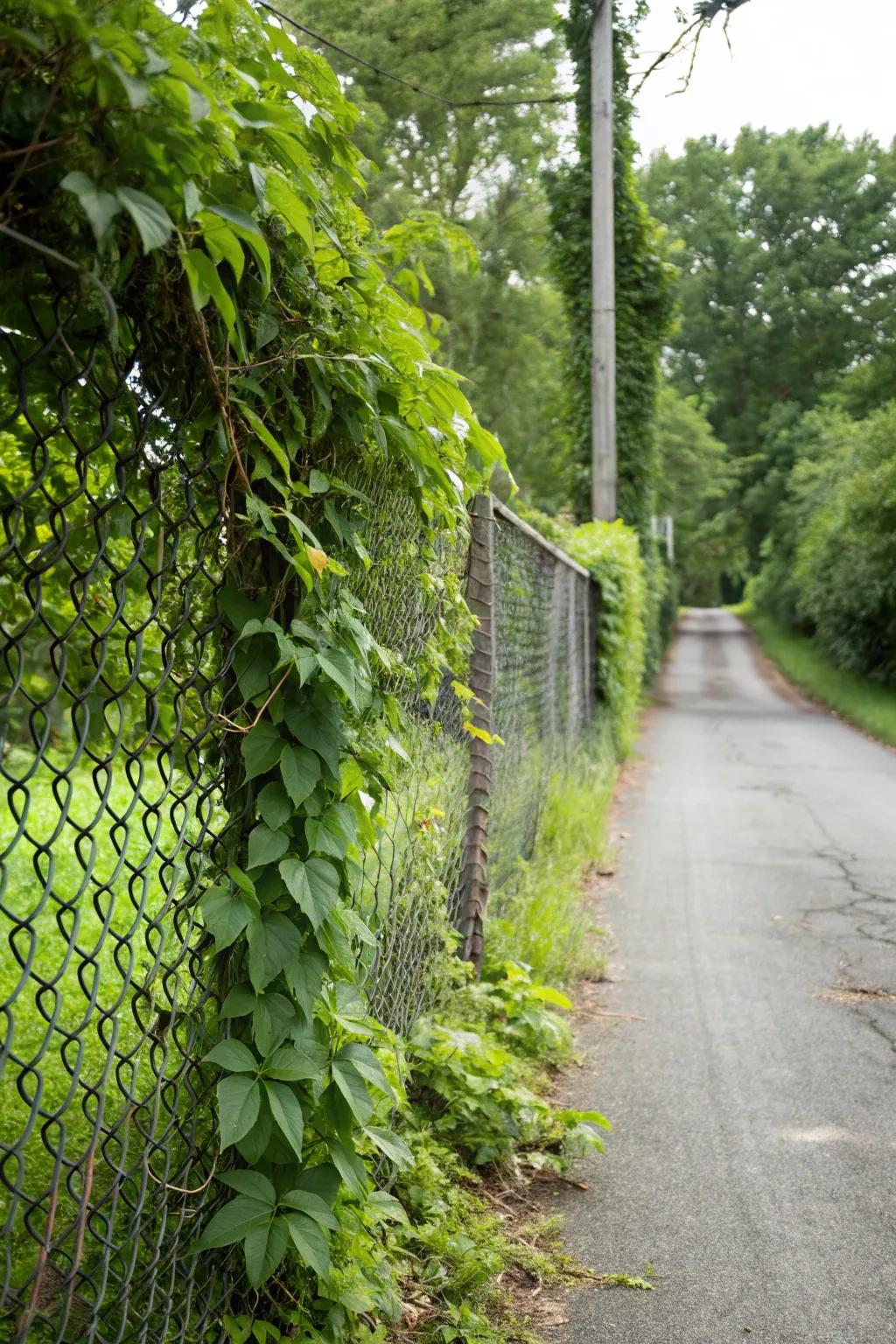 Vines and greenery transform a chain link fence into a green oasis around the driveway.