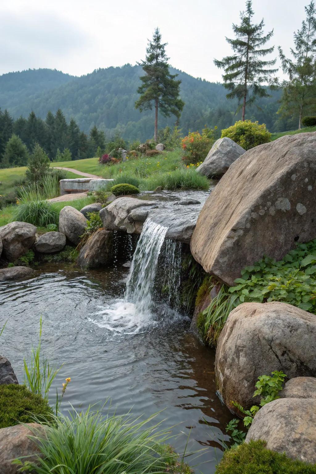 A peaceful water feature made with natural stones.
