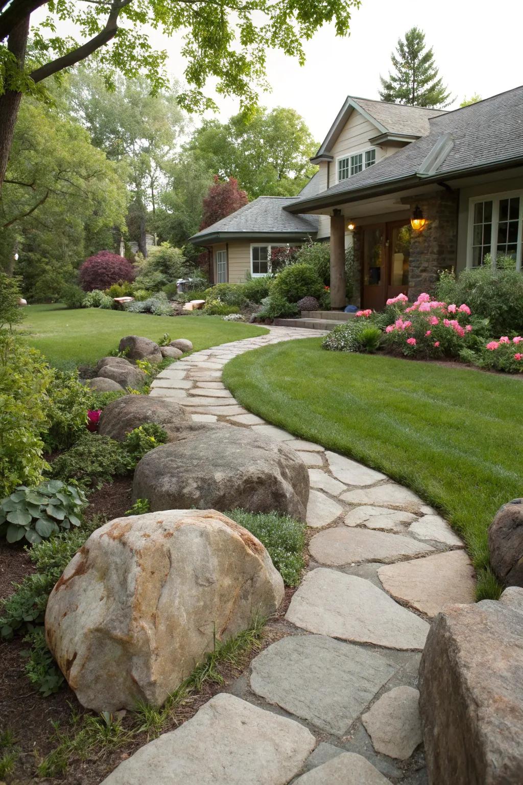 Render a bold entrance affirmation through massive stones at your entrance.