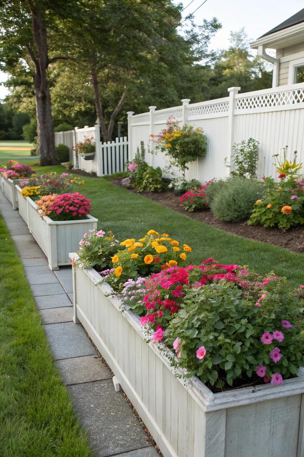 Skyward bloom beds lift garden plots and augment privacy.