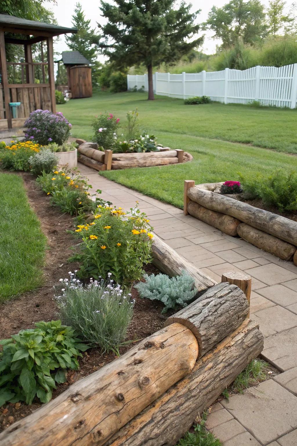 Log borders furnish a rustic and natural approach to define your property's parameters.