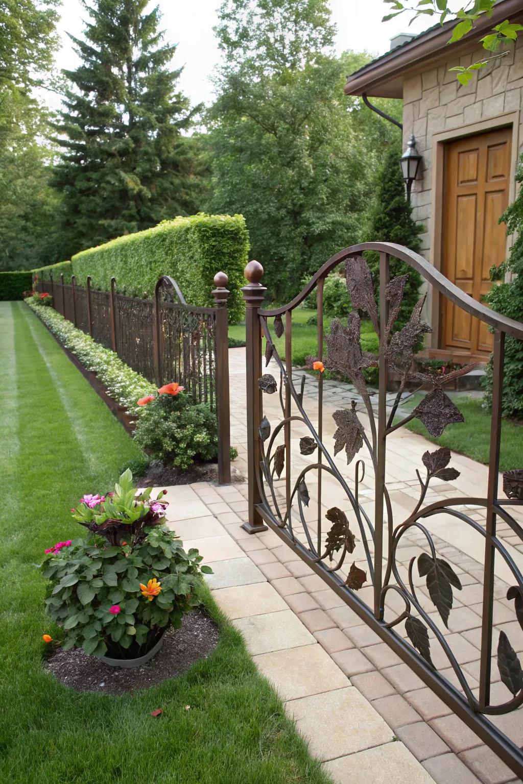 A custom decorative metal fence with nature-inspired designs creating a unique look.
