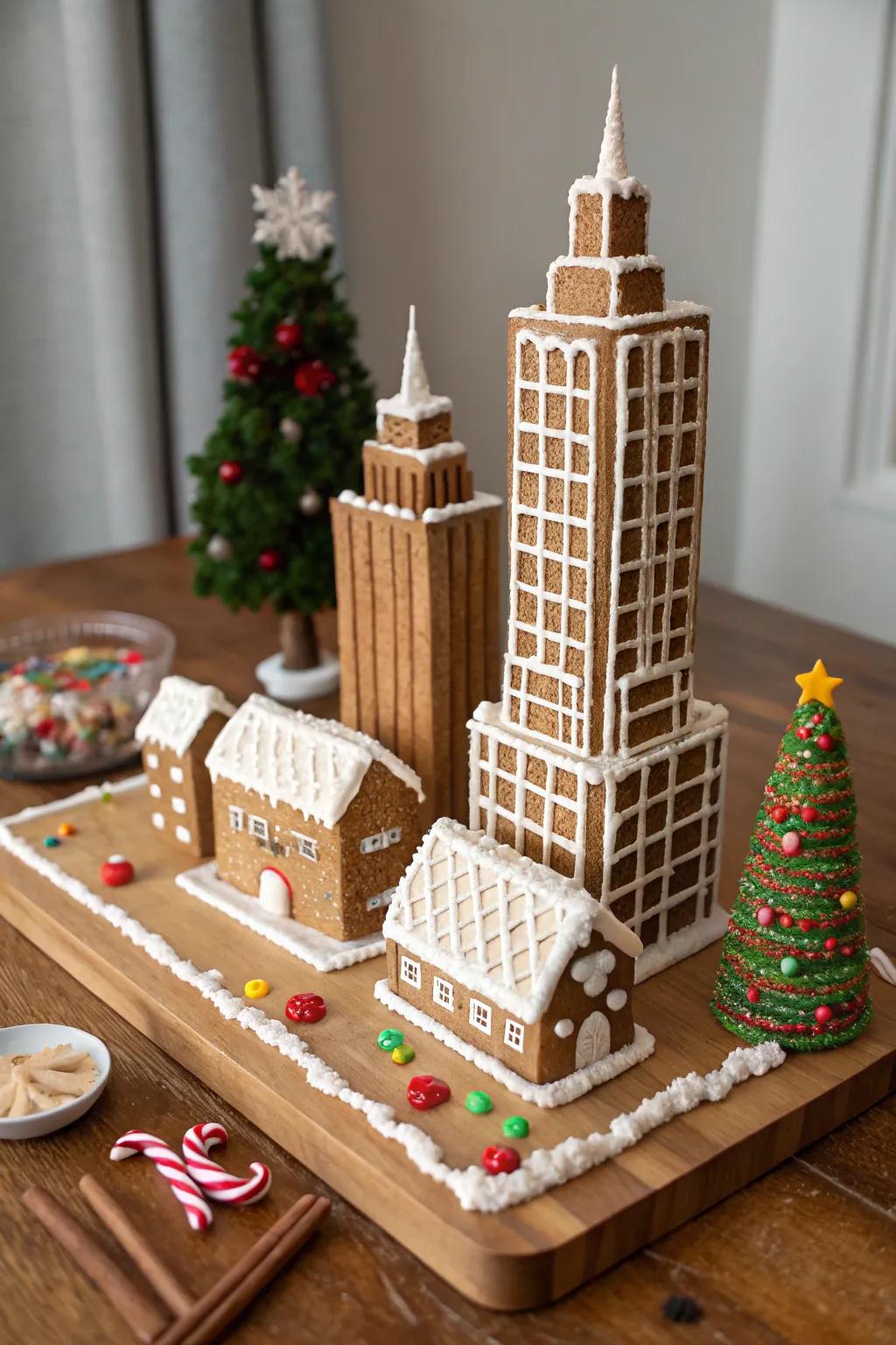 A structural gingerbread urban panorama in miniature