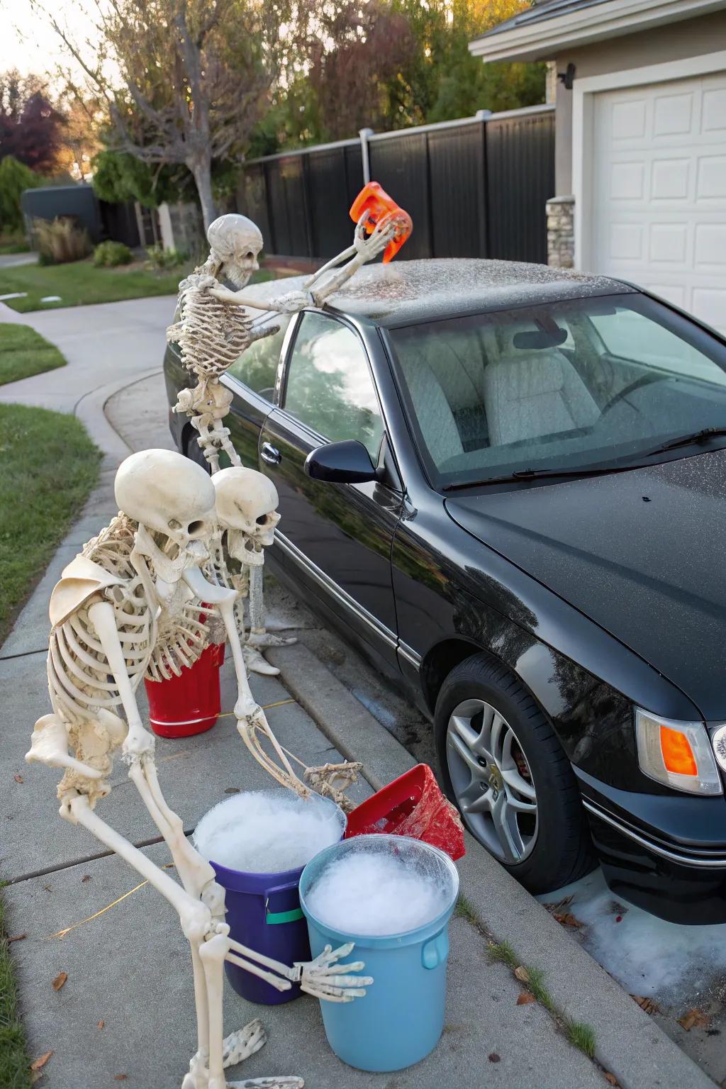 Skeletons affording the automobile a spooky scrub.
