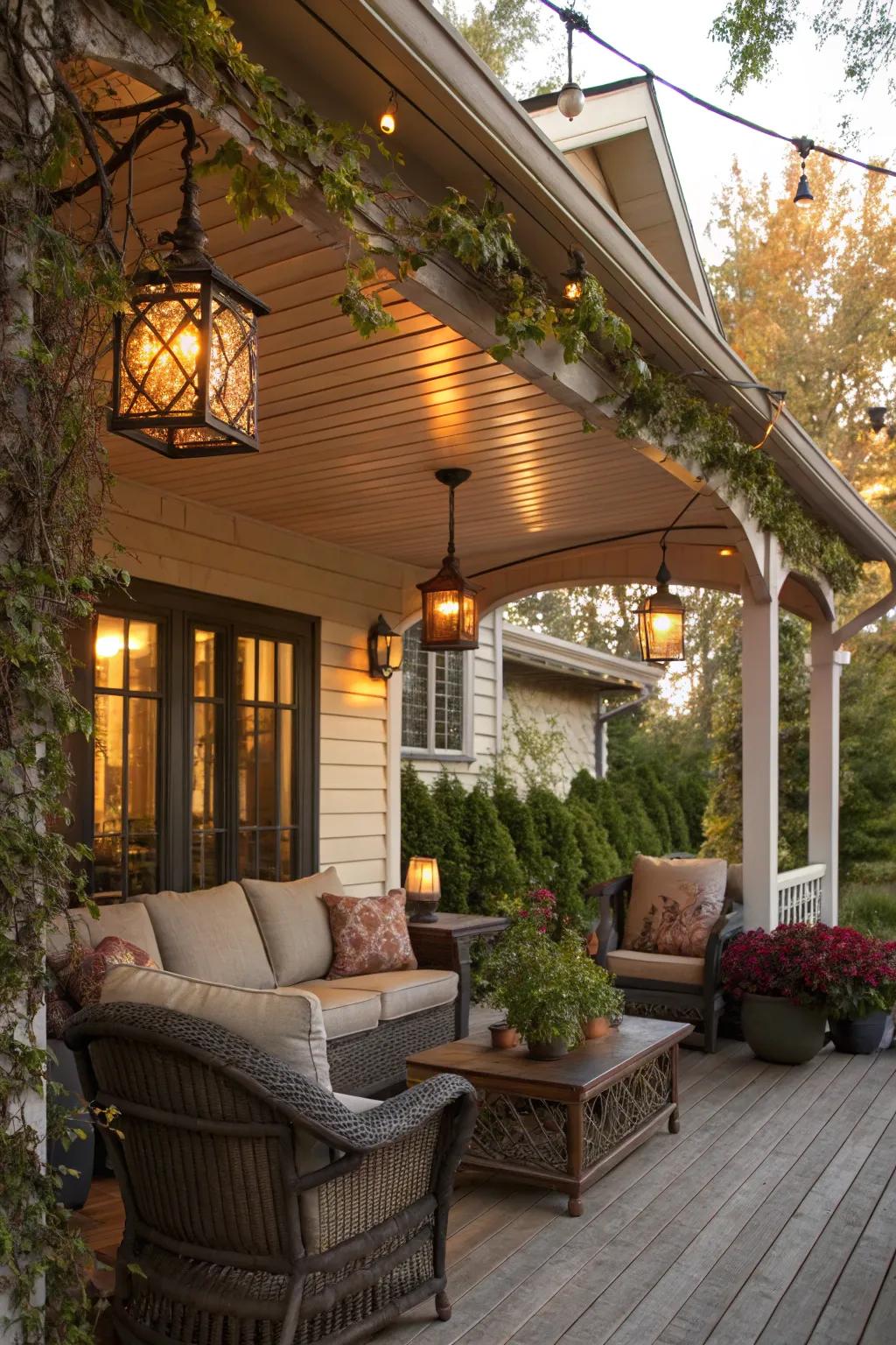 Vintage illumination adds a nostalgic charm to the porch.