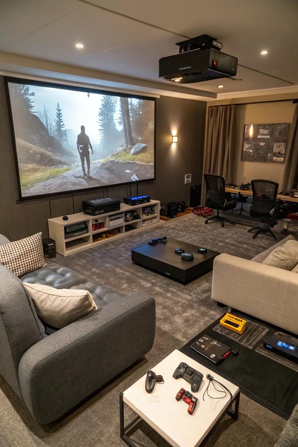 A projection device transforms your gaming sessions into a cinematic experience.