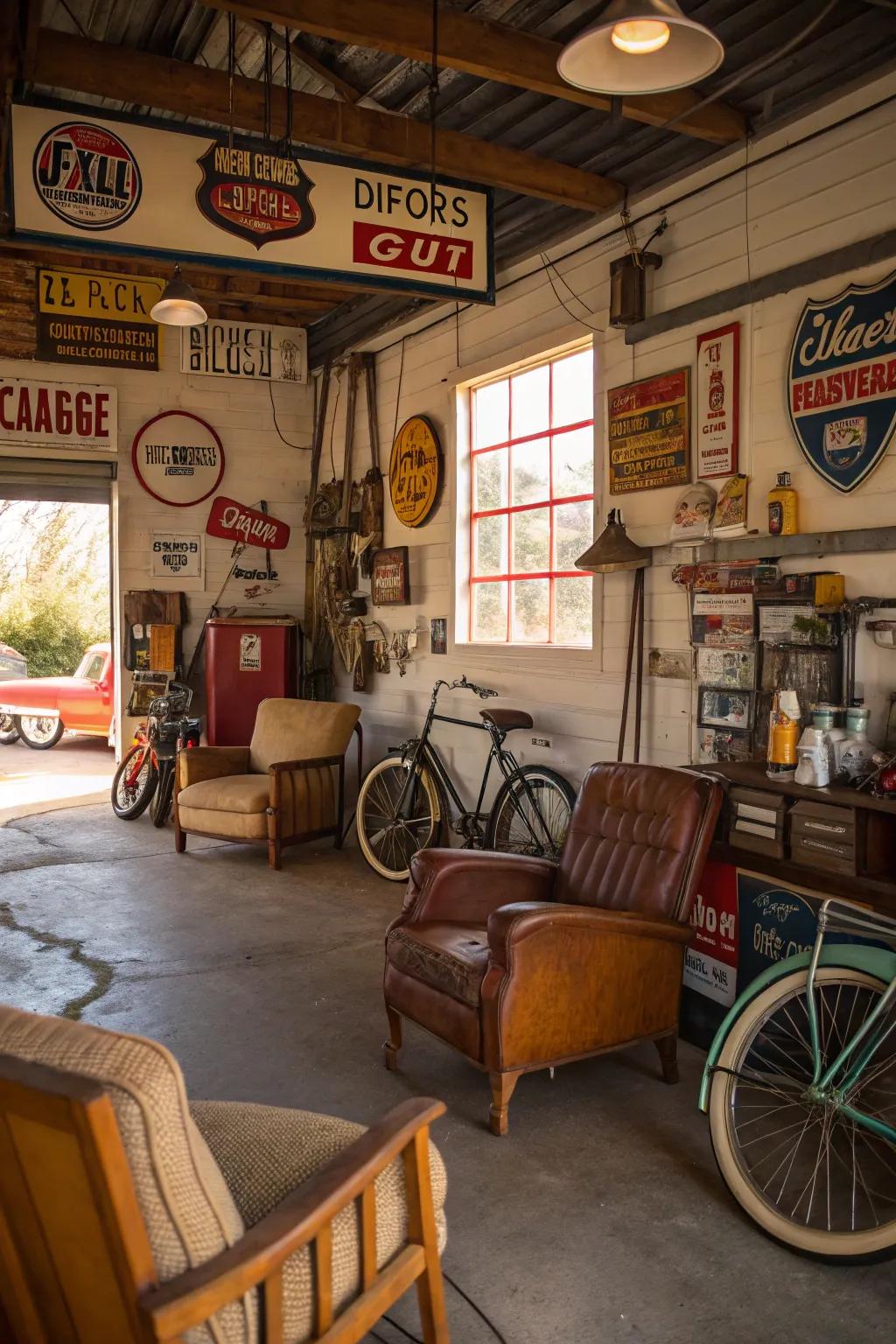 Vintage decor introduces personality and charm to the garage.