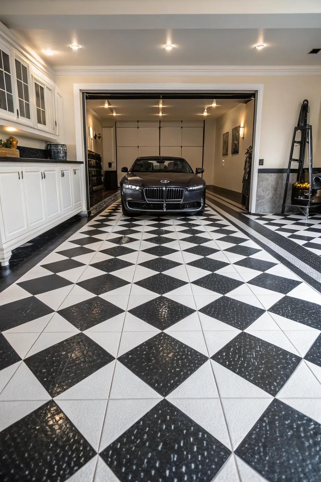 Monochrome coverings provide a seamless and sophisticated garage visual.