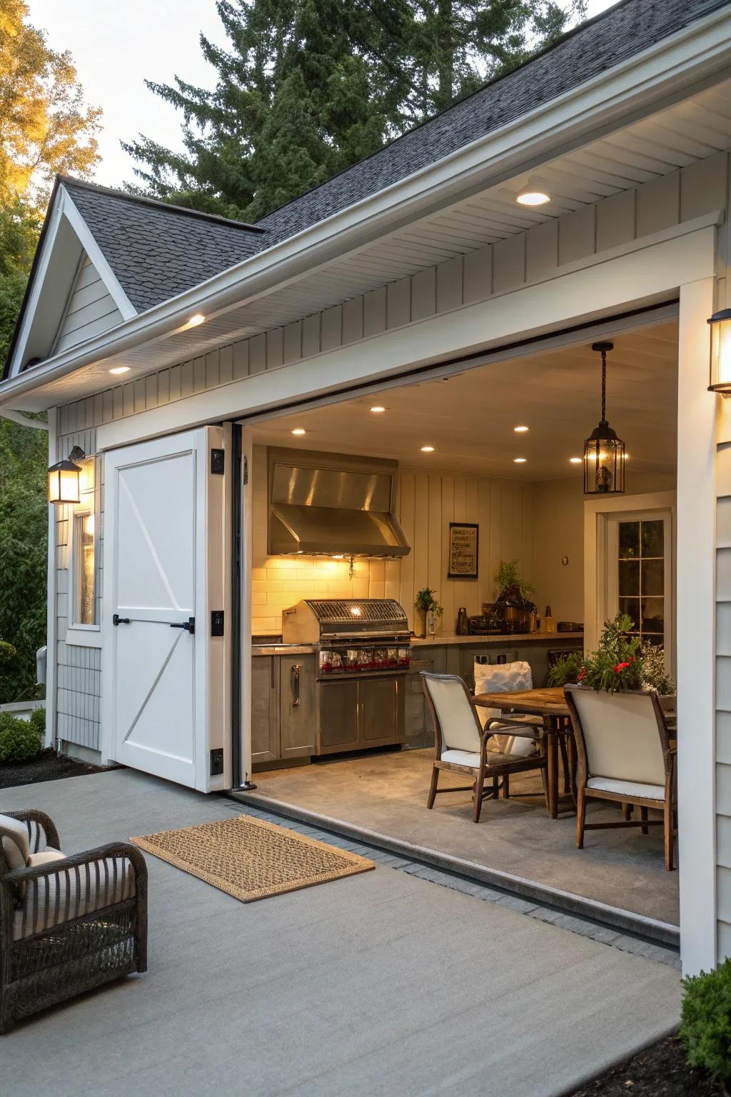 A covered outdoor kitchen extends the functionality of the garage.