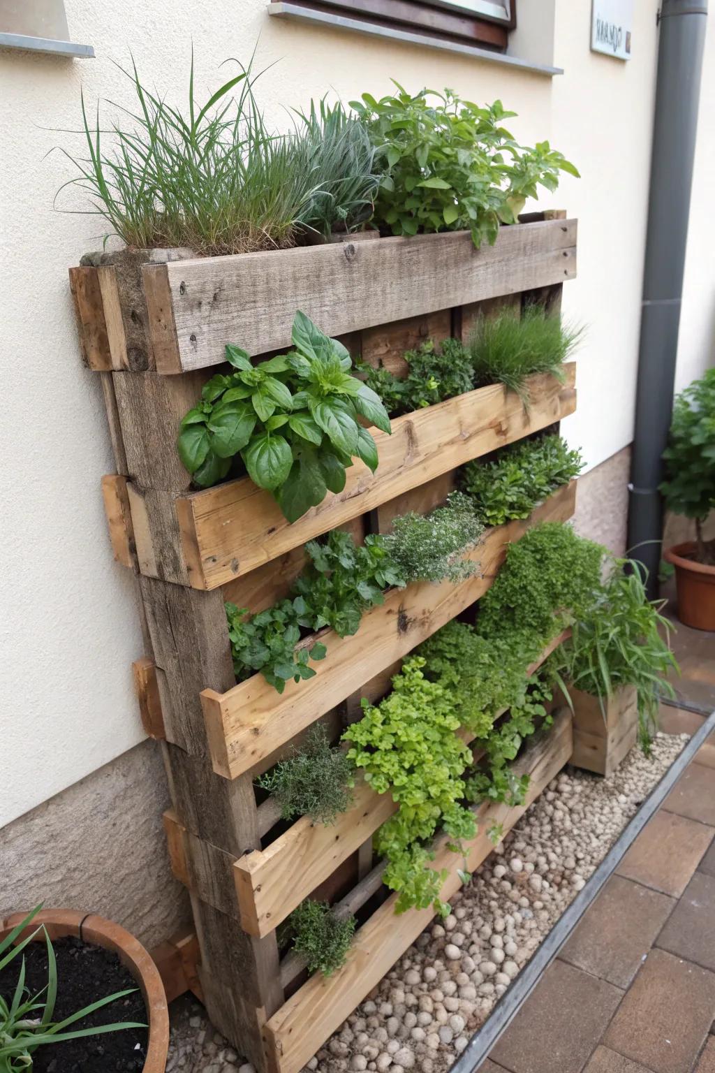 A vertical herb garden created using a wooden board.