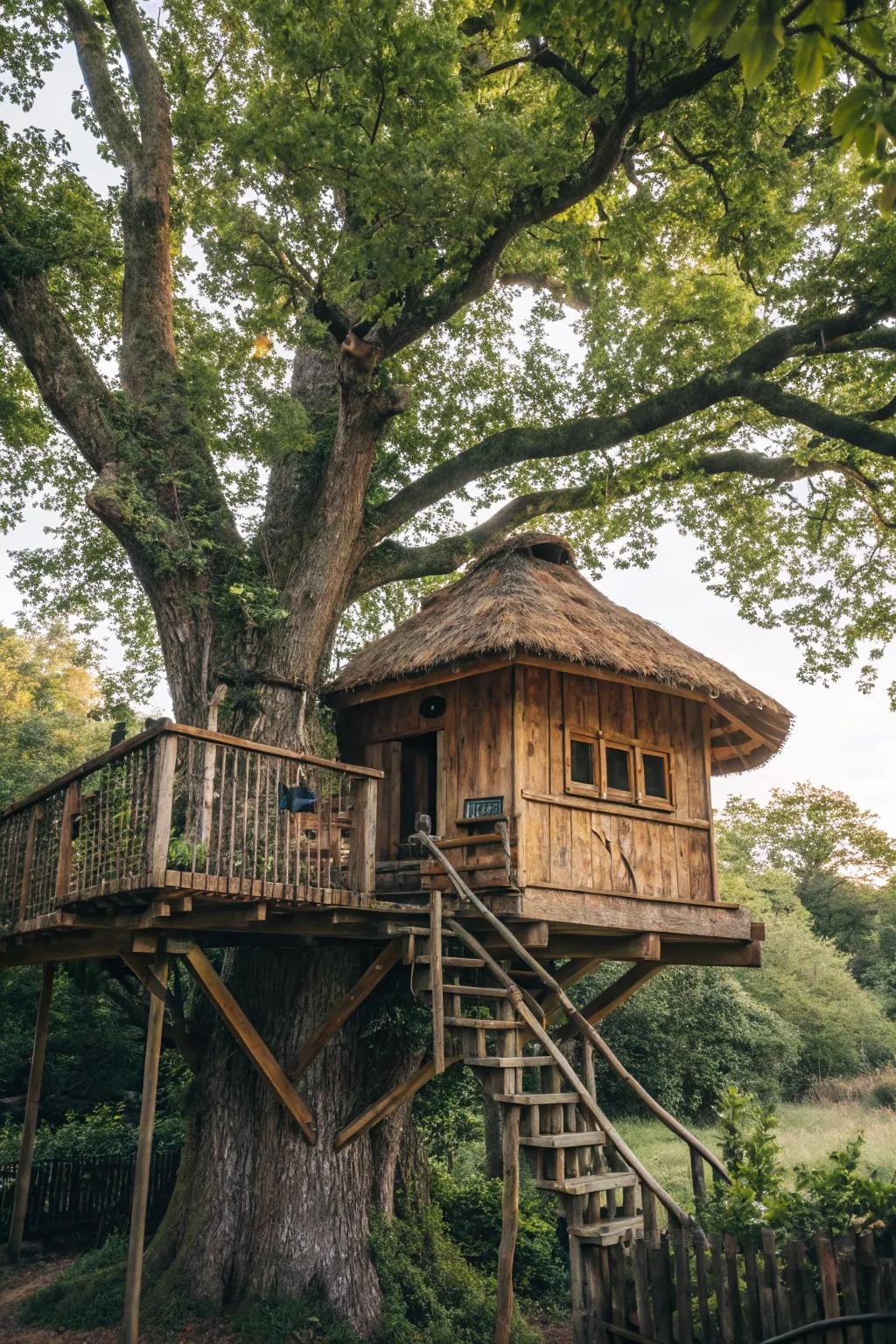 An enchanting hideaway snuggled within the branches of a backyard tree.
