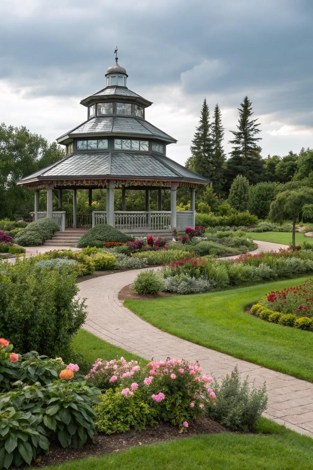 A gazebo with a tiered roof, adding architectural intrigue.