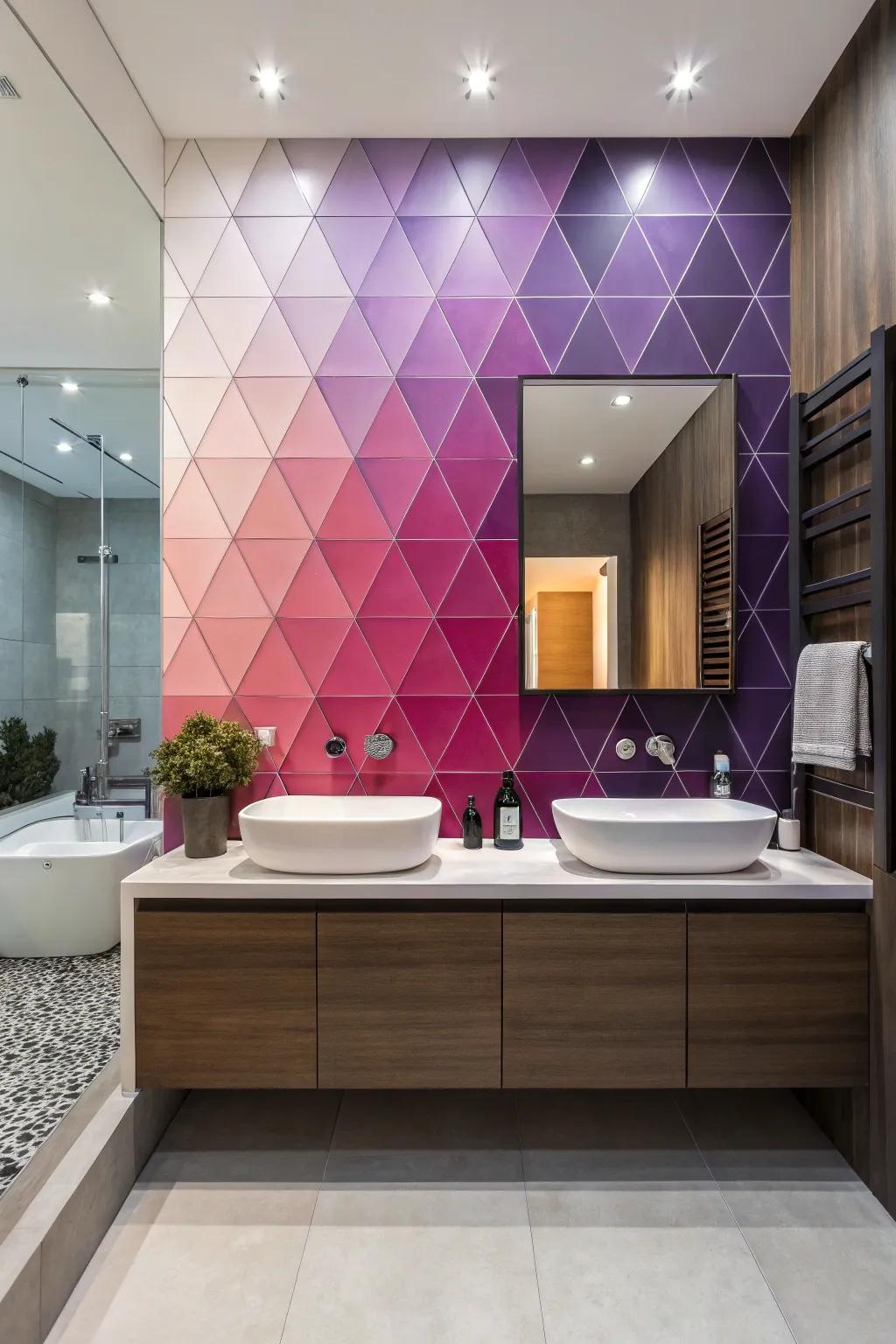 A bathroom showcasing a gradient triangle geometric wall design.