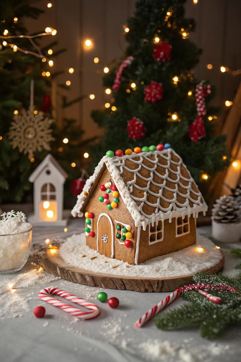 A gingerbread rooftop featuring woven anise lacework.