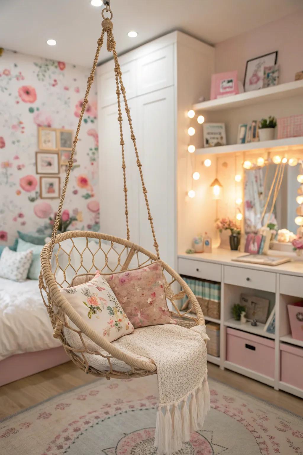 A swing seat incorporates a playful and distinctive seating choice.