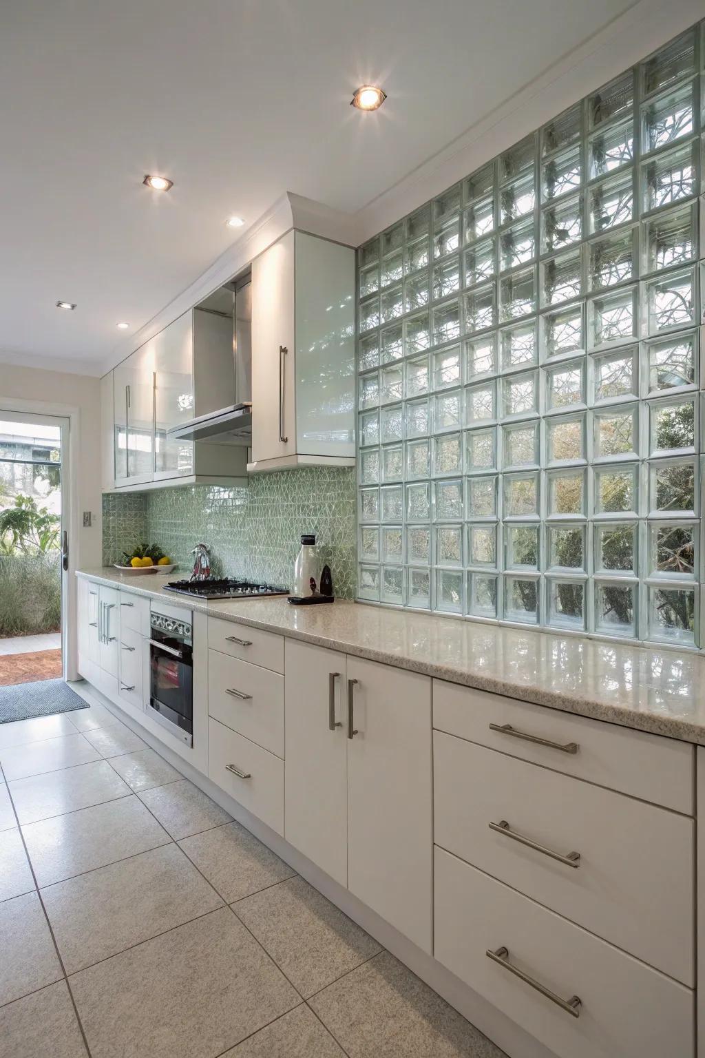 A kitchen that features a glass block backsplash, which delivers a modern, bright, and simple-to-maintain surface.