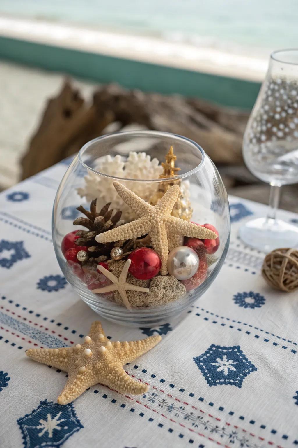 A beach-inspired Yuletide ornamentation featured in a clear vessel.