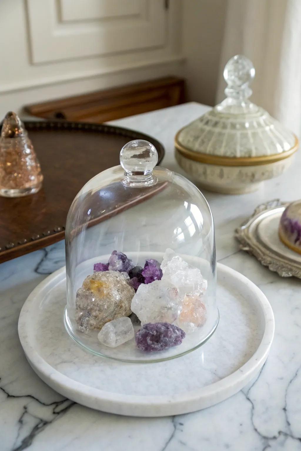 Crystals and geodes produce a mystical display screen under a glass dome.