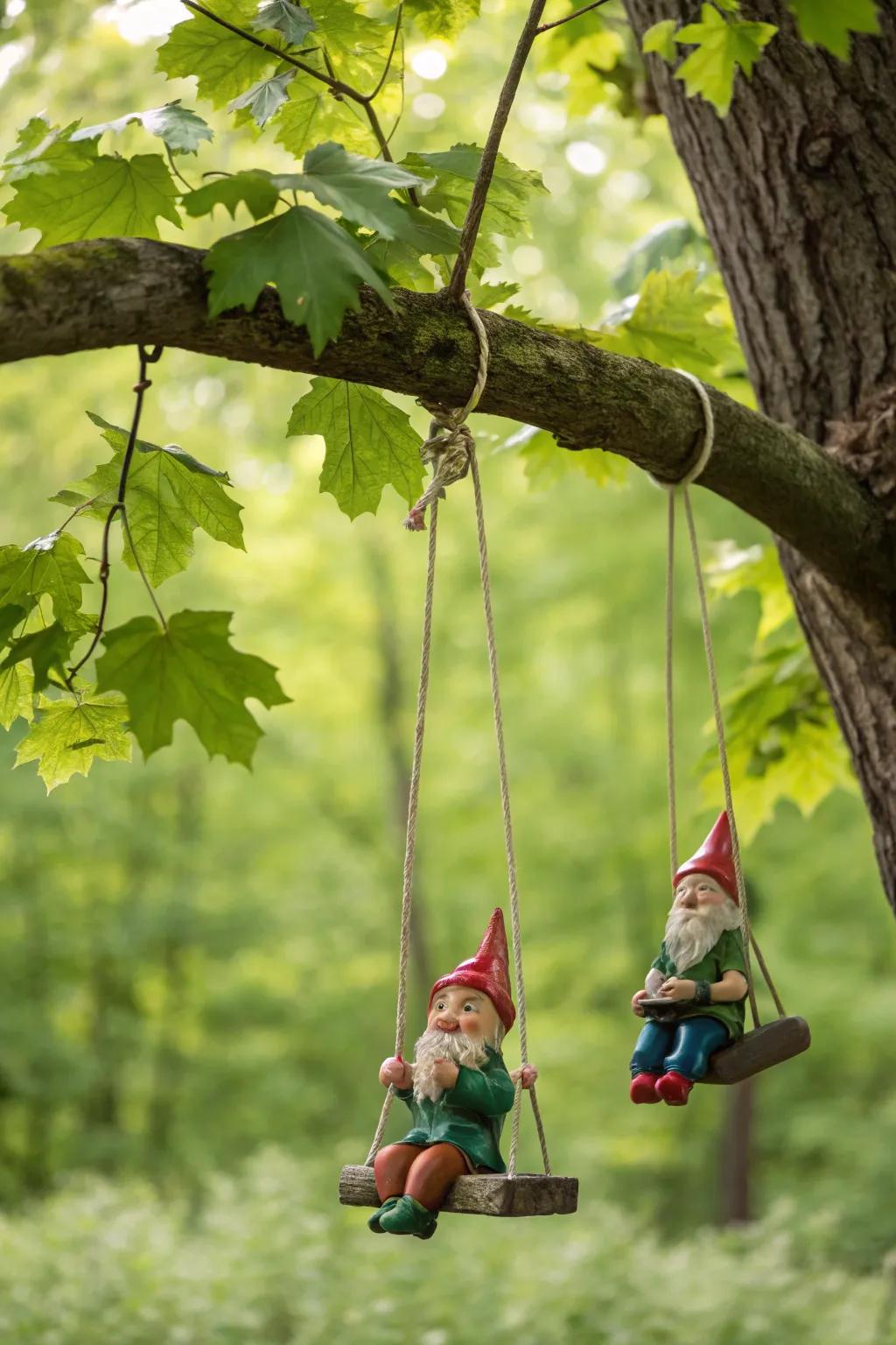A playful gnome swing set introduces movement to the garden.