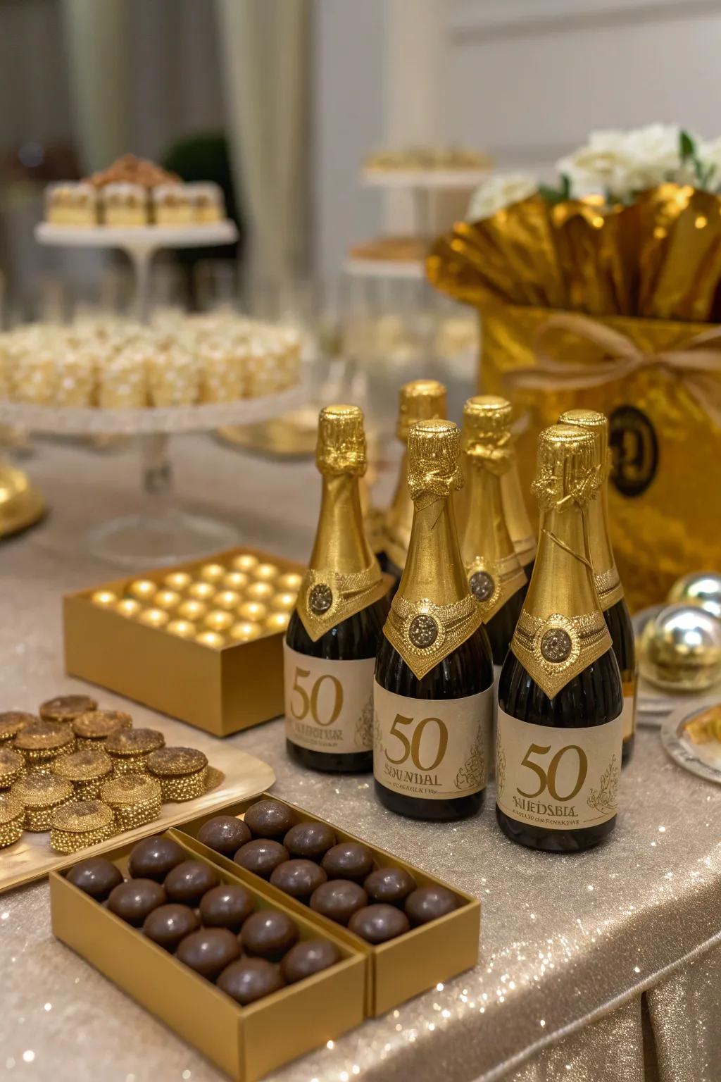 Gold-themed party favors offer a sweet gesture of appreciation to the guests.