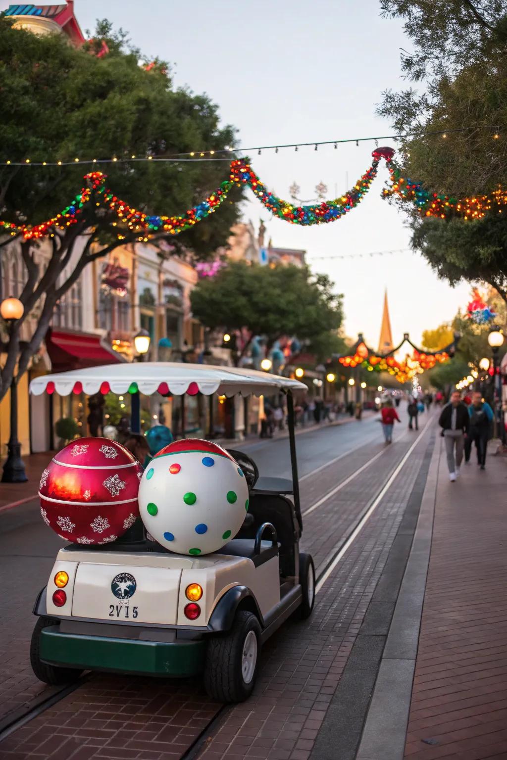 A golf cart overflowing with ornament cheer.