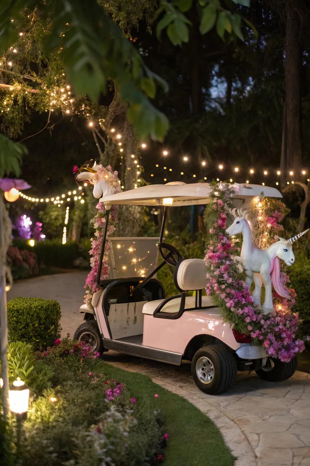 Produce a fairy tale escapade using captivating ornaments on your golf cart.