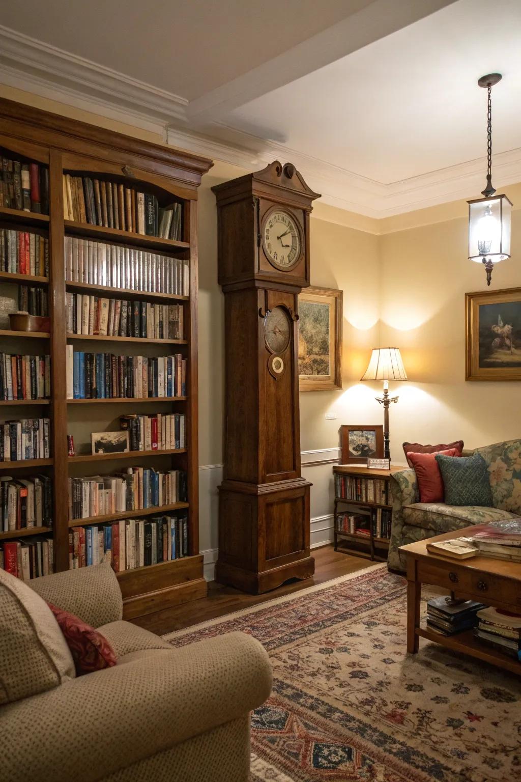 A tall case clock completes the vintage library vibe in a living room.
