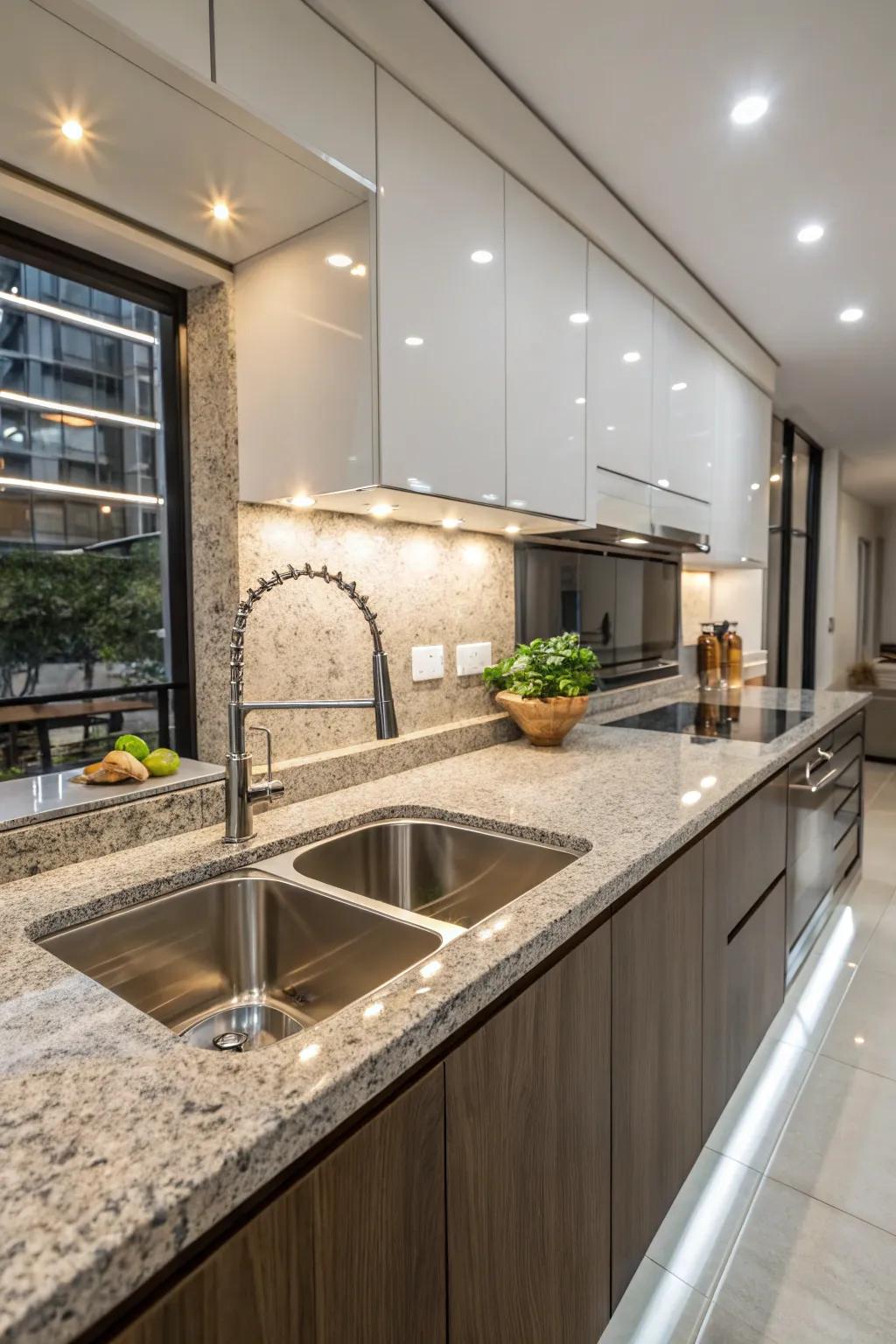 Integrated sinks with granite worktops offer a seamless appearance.