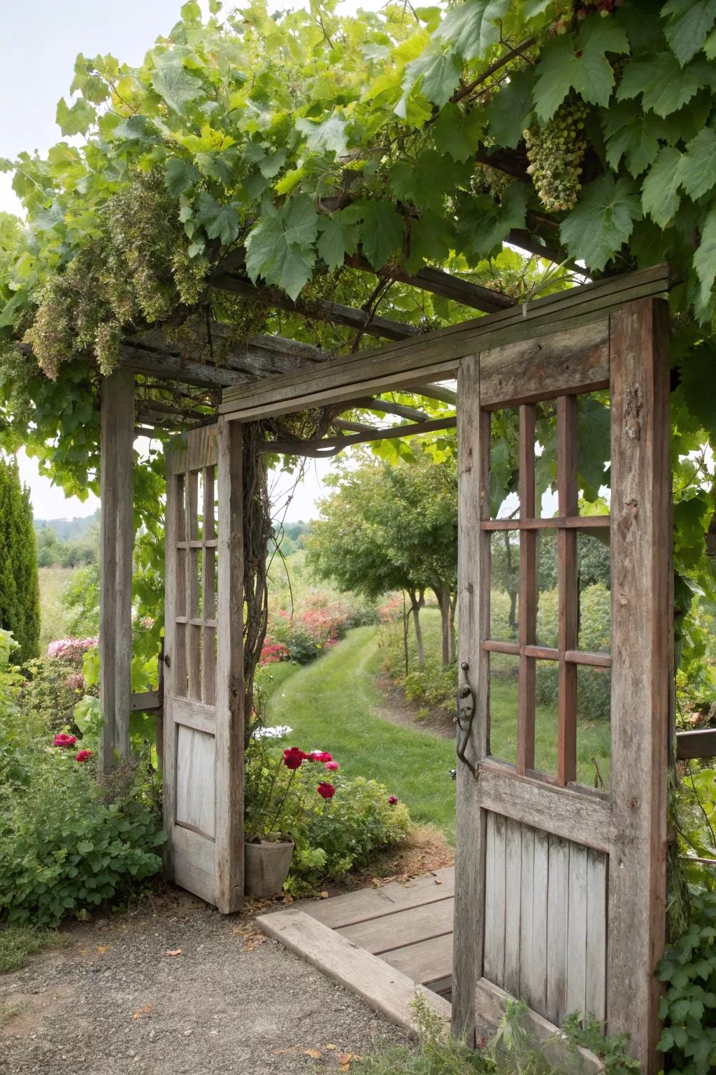 A creative vineyard arbor fashioned from reclaimed resources.