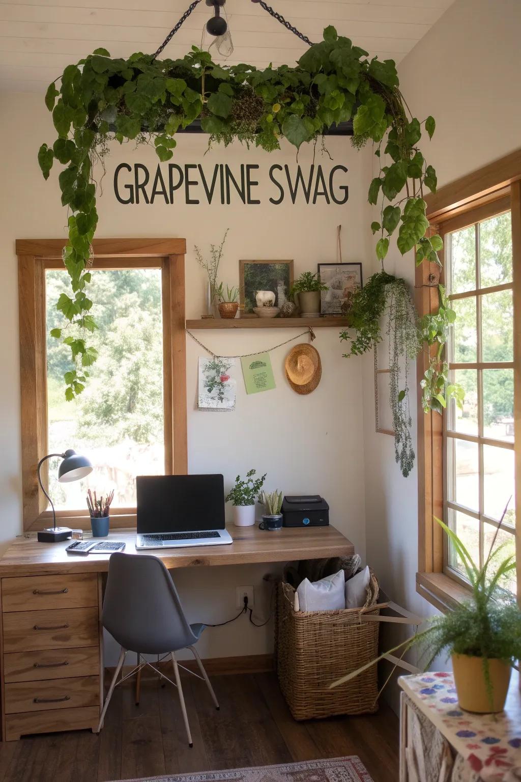 A bespoke office embellishment with an inspiring grapevine arrangement.