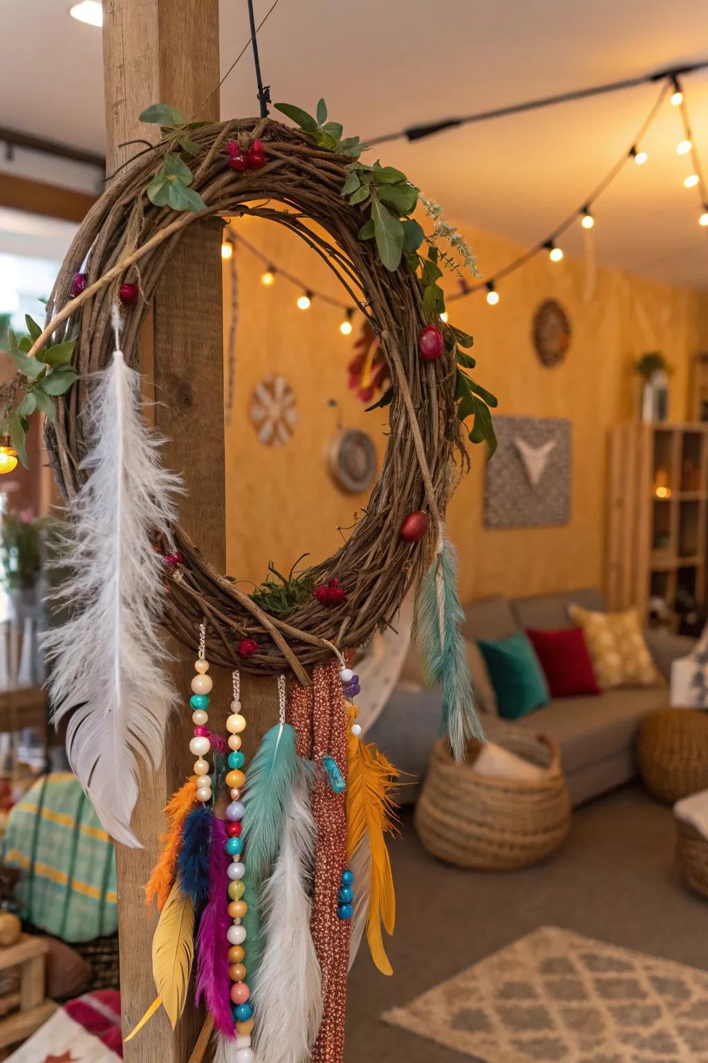 A bohemian-themed grapevine wreath showcasing dangles and plumes.