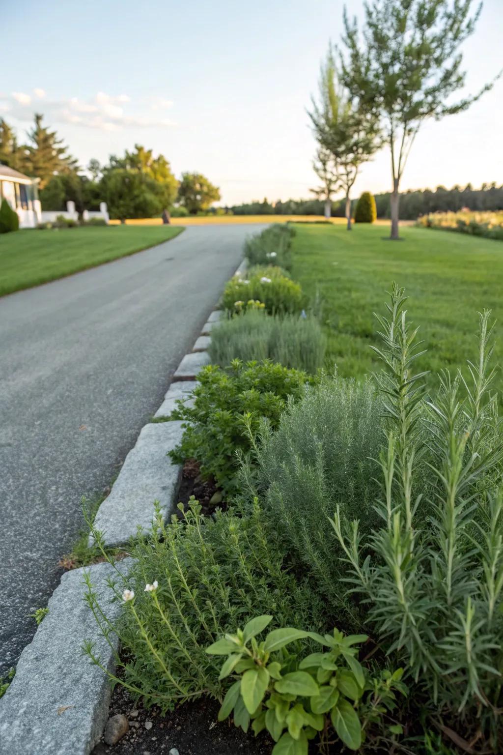 Herbs edging the turf add fragrance and charm.
