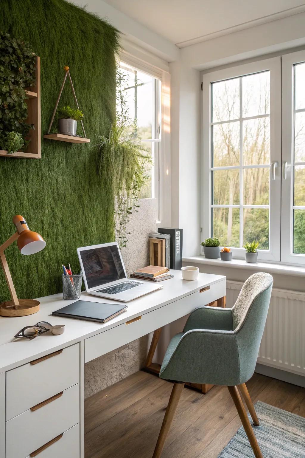 A grass wall in the domicile workplace furnishes a stimulating and tranquil work milieu.