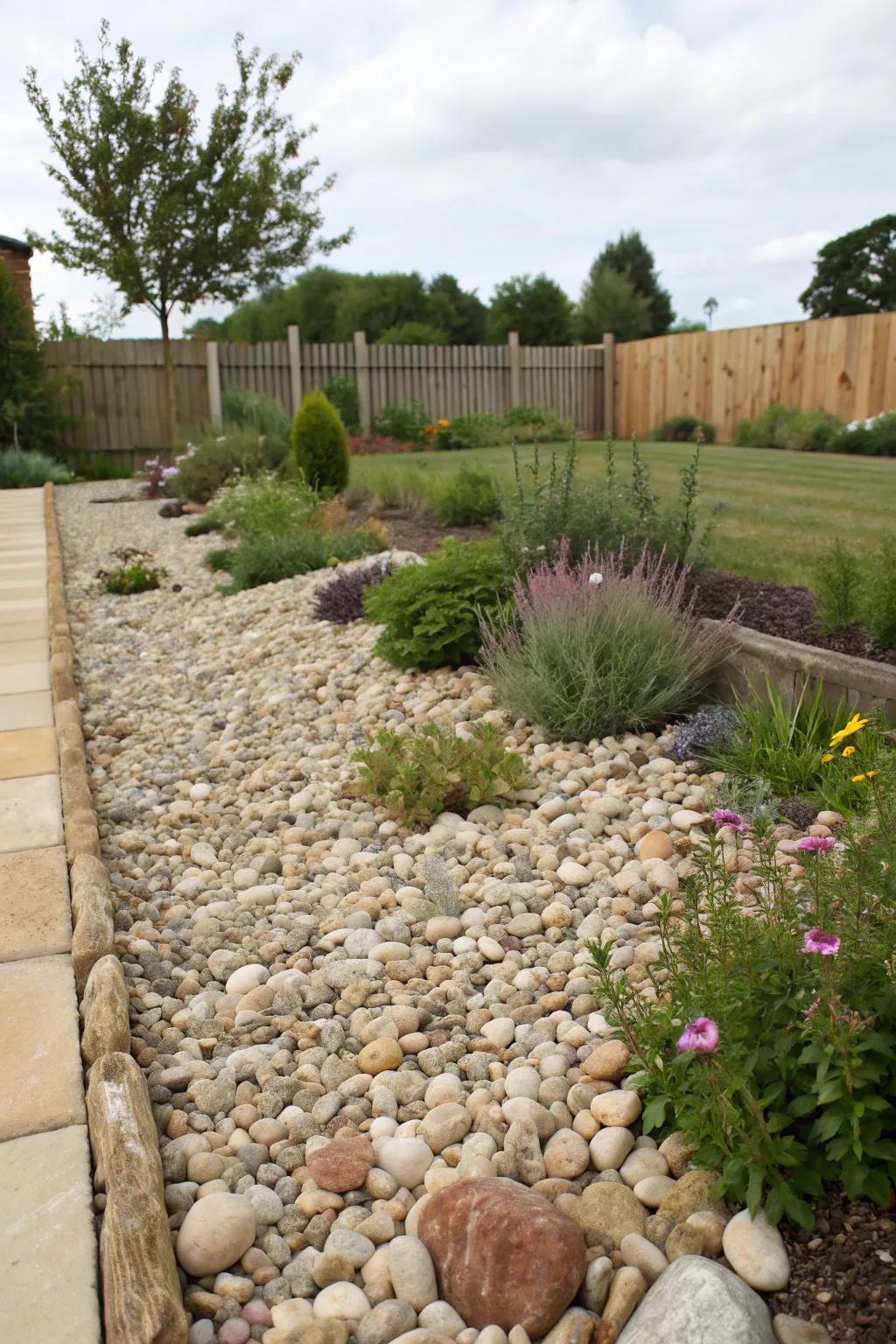Stratification with small stones enhances the texture and polish of the gravel garden.