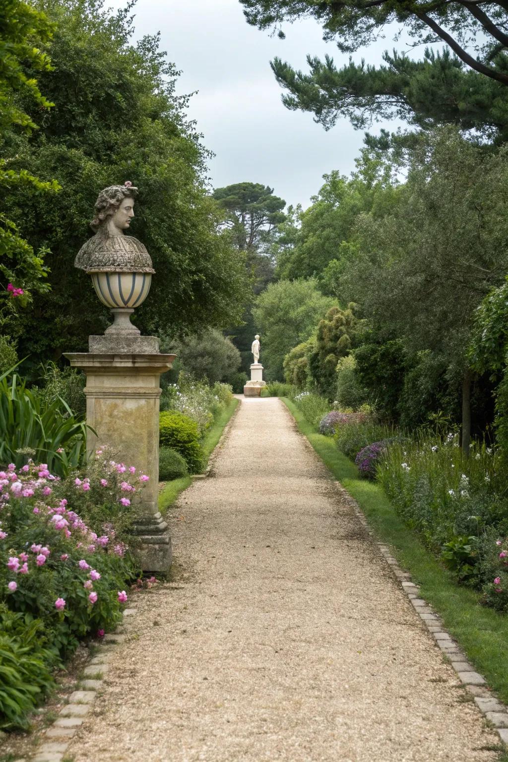 A crushed stone walkway with a striking focal sculpture