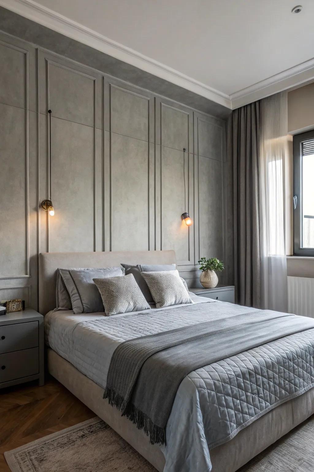 A lively bedroom featuring layered gray gradations.