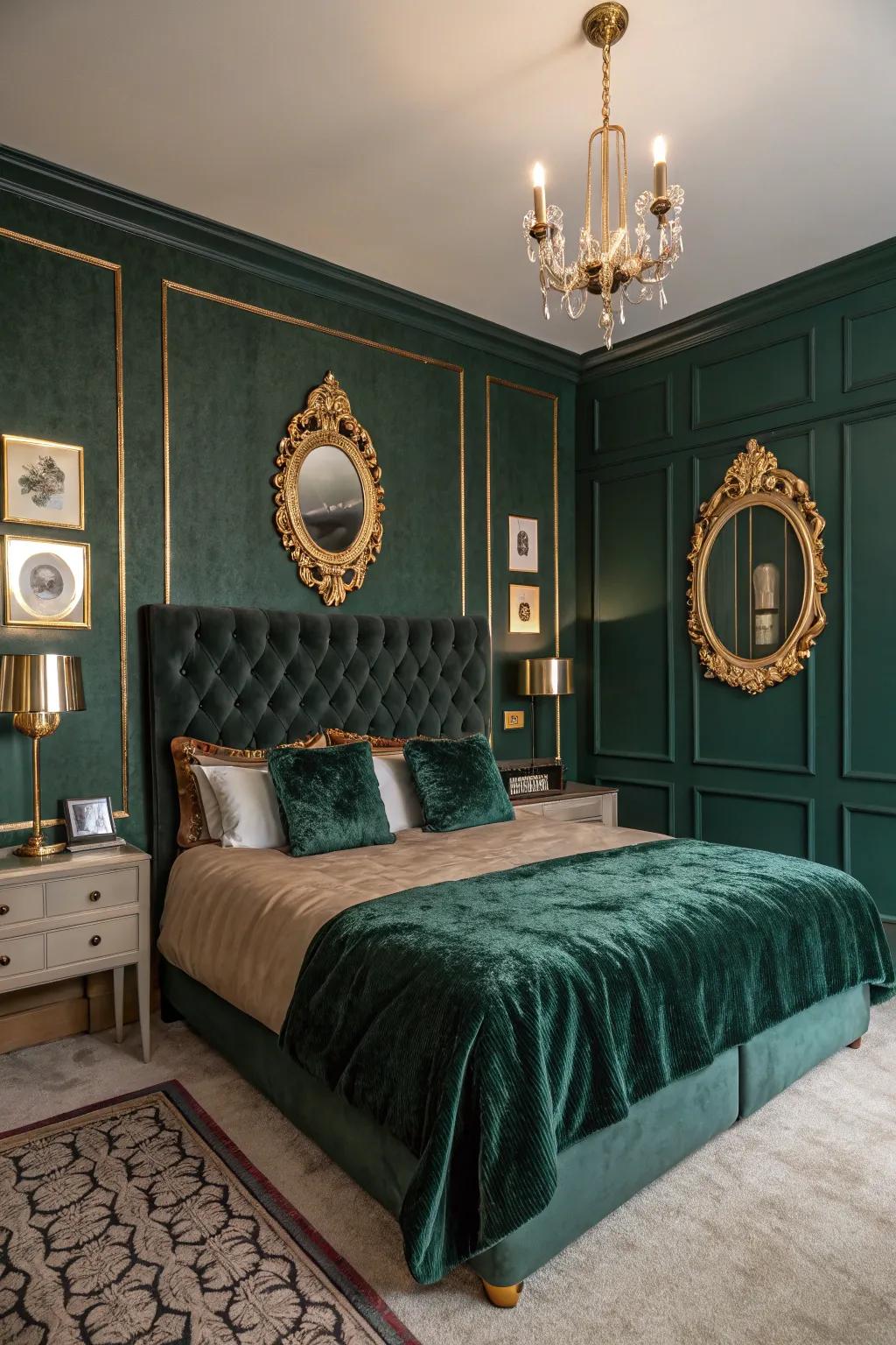 Deep emerald green adds classic glamour to this bedroom.