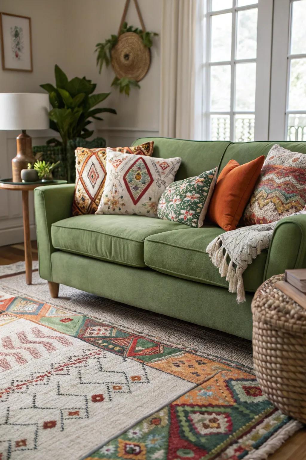 Blending designs with a green couch adds energy and a playful accent to the area.