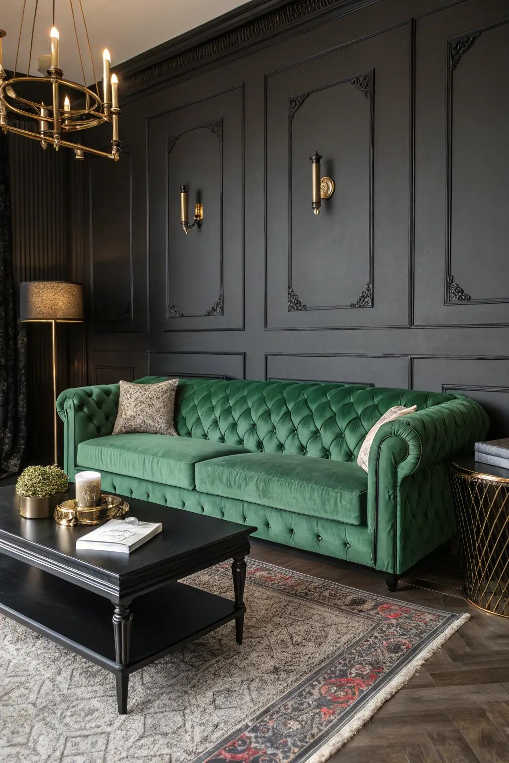 A dramatic family room with a verdant plush settee and ebony highlights.