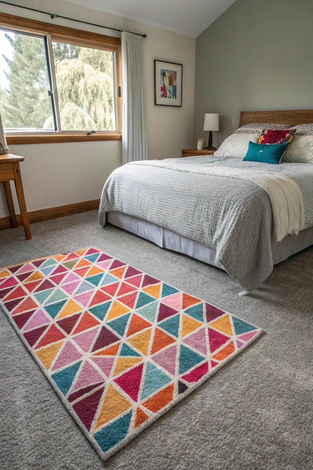 A geometric rug layered over the grey carpet creates an eye-catching modern aesthetic.