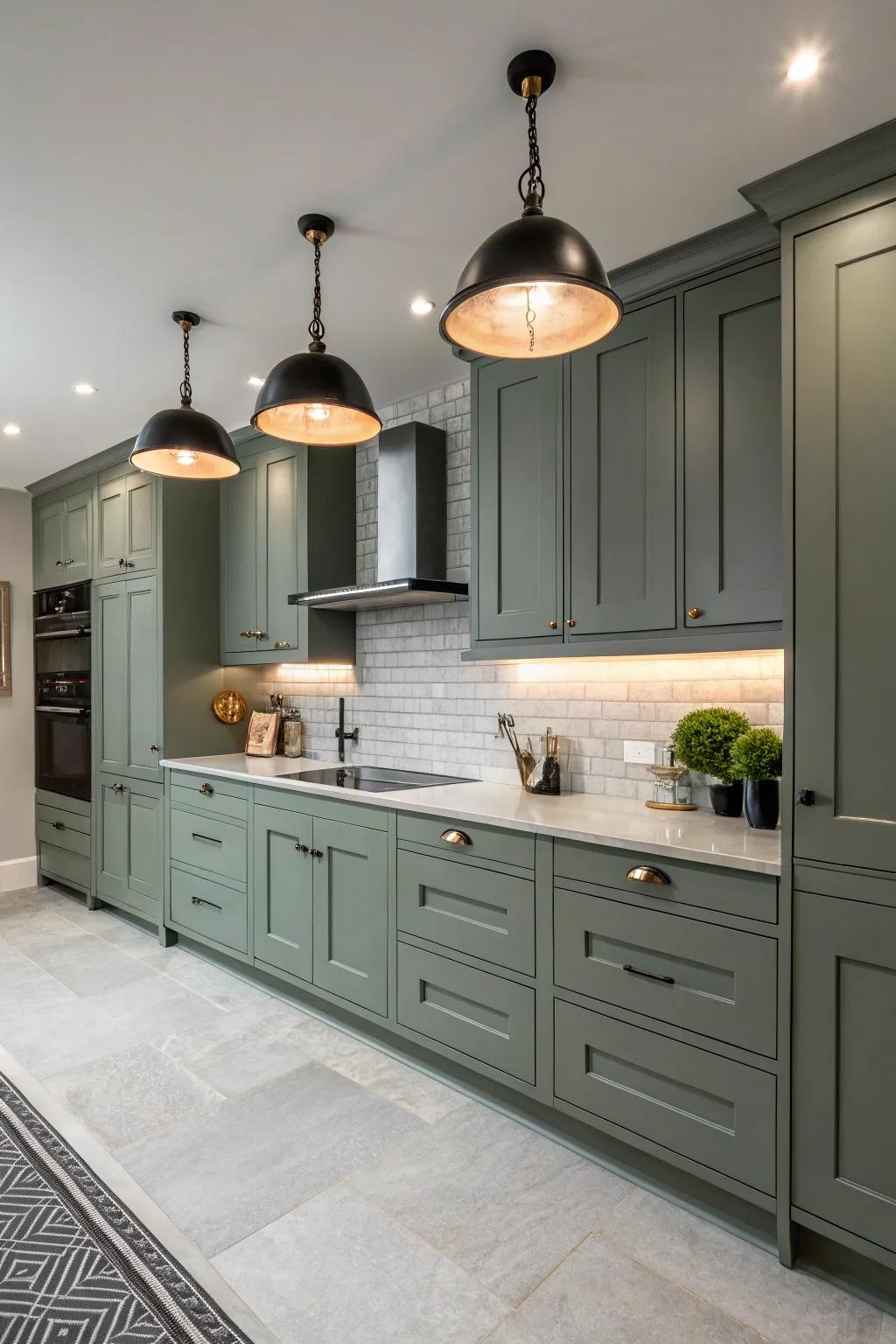 Statement lighting enhances the sophistication of grey-green cabinets.
