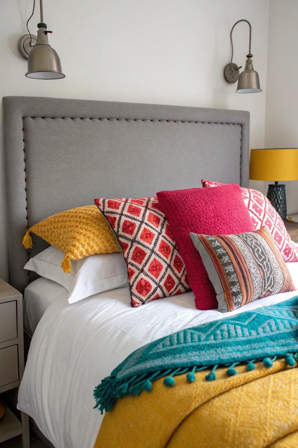 Vibrant colors infuse energy into a bedroom that features a slate-toned headboard.