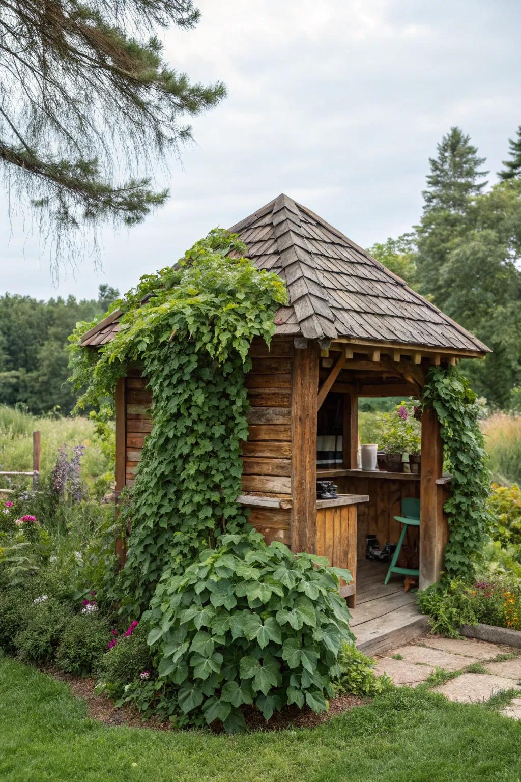 A garden oasis grill gazebo with vibrant plant life.