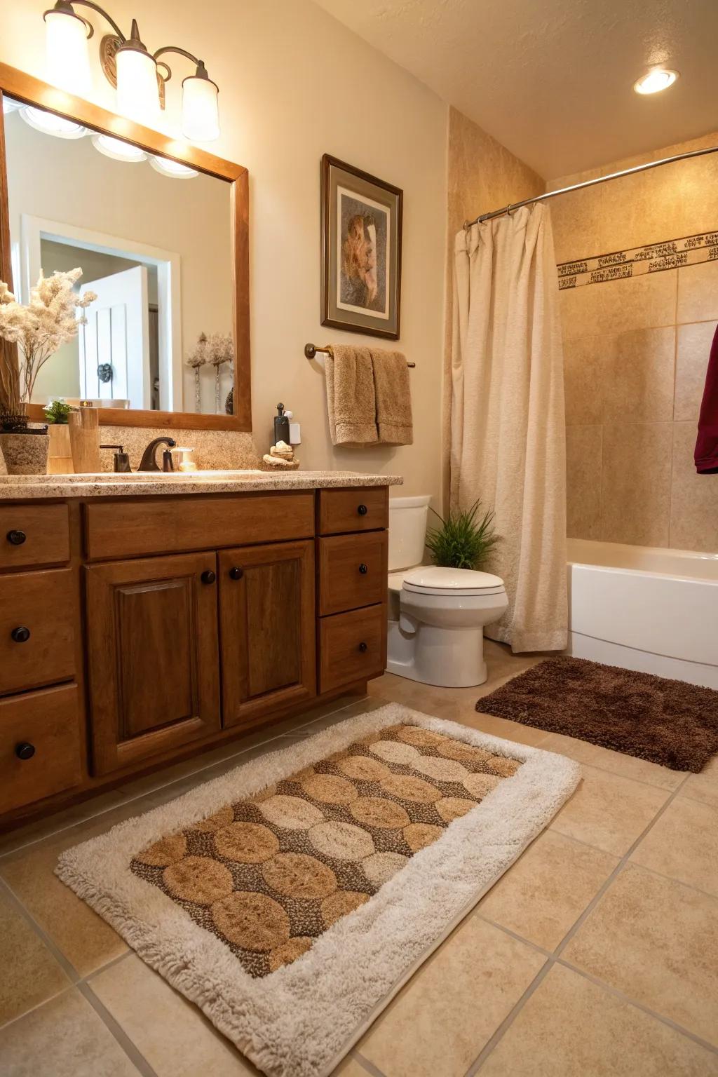 A guest bath enhanced by a comfortable rug, providing comfort and design.