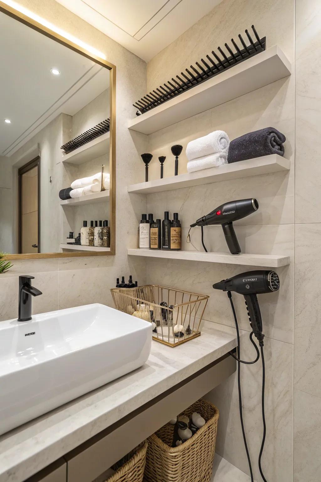 Minimalist floating shelves promoting an unencumbered and spacious bathroom.