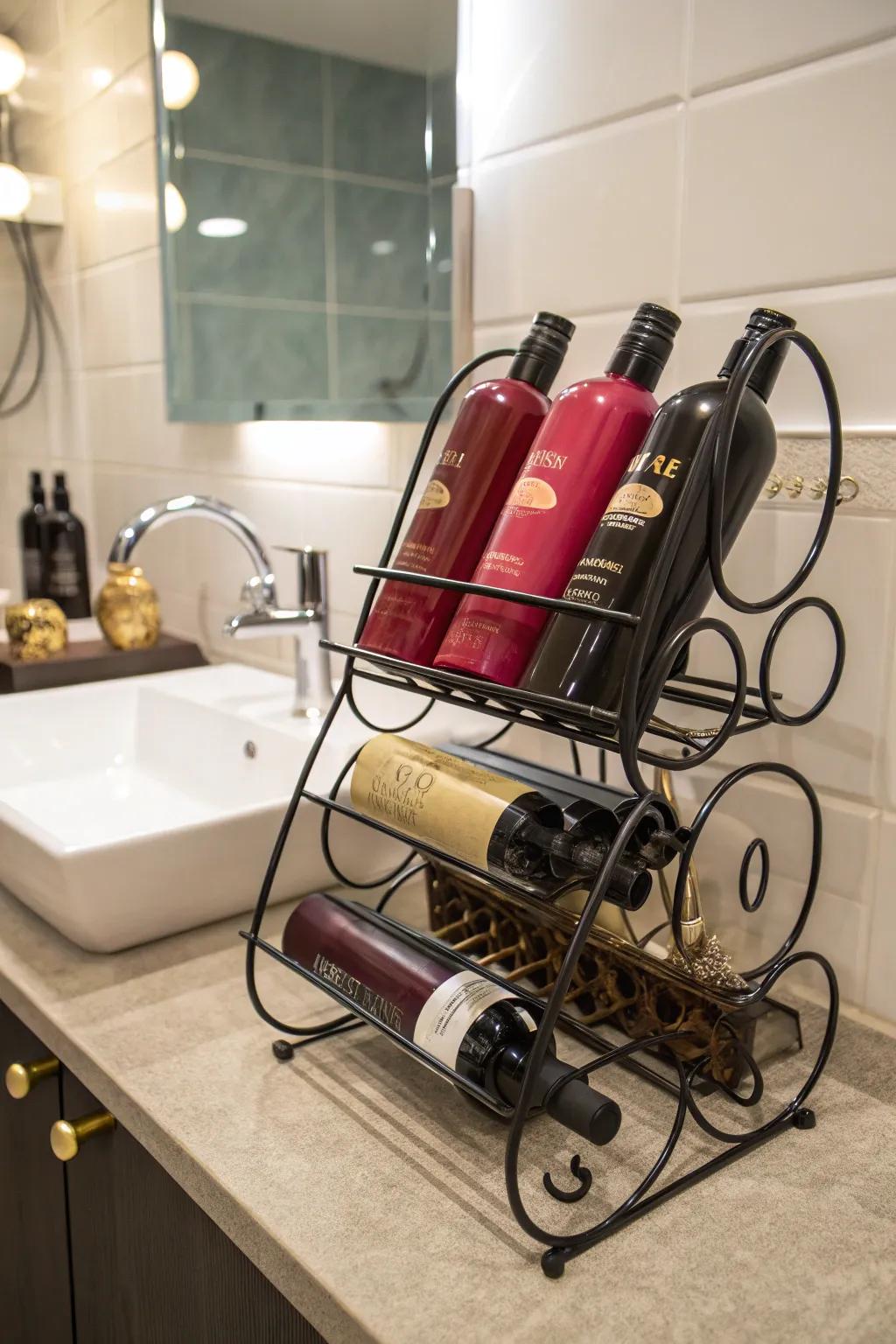 Imaginative use of a wine rack to store hair products.