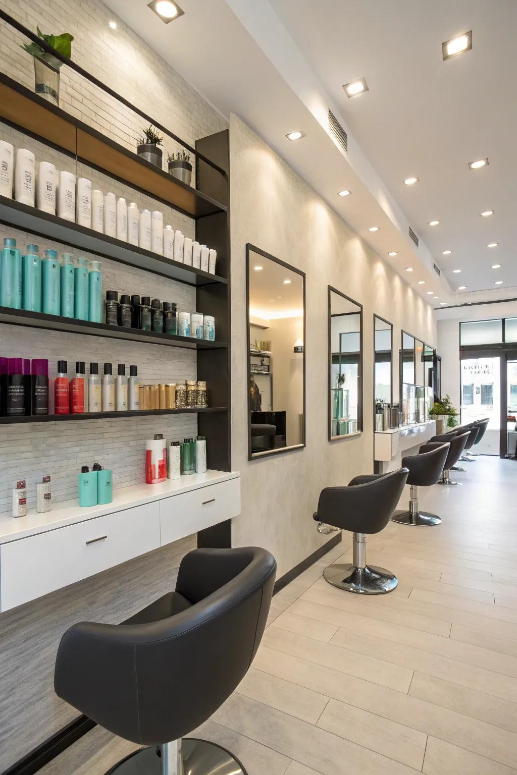 Floating shelves maximize space and showcase products efficiently.