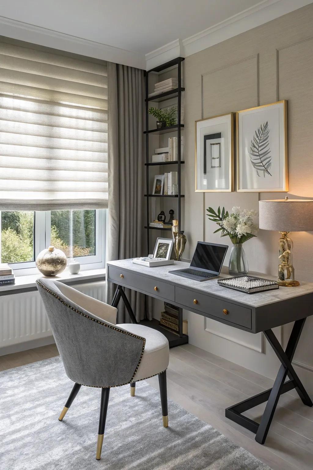 Chic domestic office featuring partial coverings.