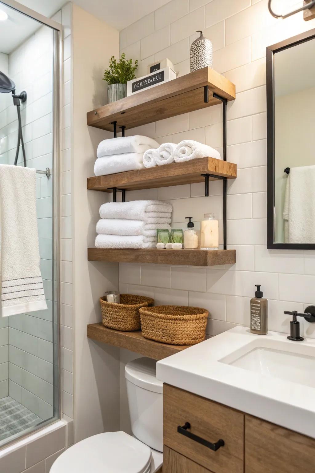 Wall-mounted shelves provide stylish storage solutions in a guest bathroom.